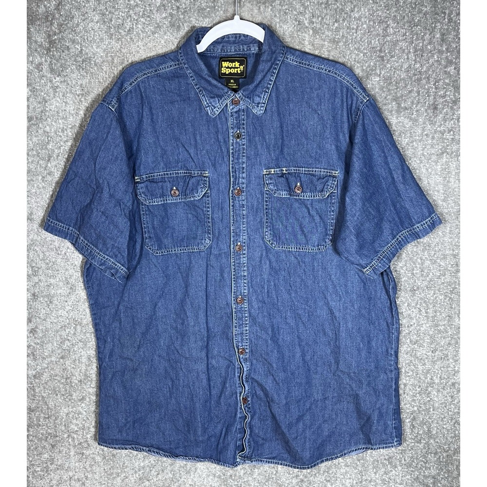 Work N Sport Denim Button Down Shirt Mens Sz XL Blue Cotton Pockets Short Sleeve